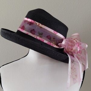 Liz Claiborne Black Bowler Hat with Pink Floral Ribbon & Bow
